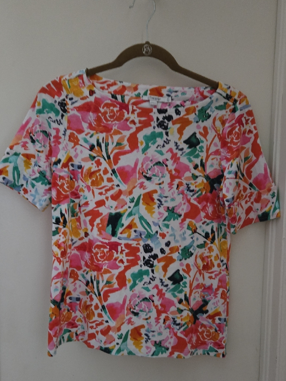 Chico's Floral Crewneck Short Sleeve Tee in Pink, Orange, Green